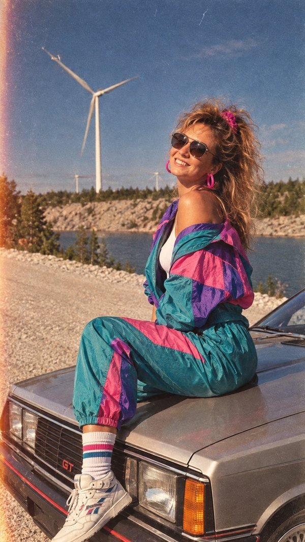 UGC kūrėja Oksana Ragauskienė (OXIUKE) 90-ųjų stiliumi prie seno automobilio